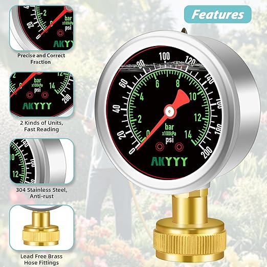 Liquid-Filled Water Pressure Gauge 0-200 PSI/Bar with 5-Piece Kit - Industrial Grade, Tool-Free Installation for Water Heaters, Pool Pumps, RV Plumbing & Irrigation Systems