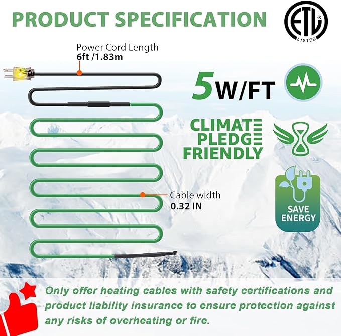HEATIT Heat Tape for Water Pipes, Heat Trace for Pipes, Self-Regulating Heating Cable for Metal And Plastic Home Pipes, Anti-Freeze Pipe Heating Trace System 120 V 50FT