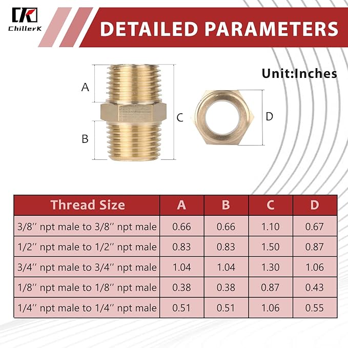 Hex Couplings, 1/8" NPT Male To Male Brass Hex Nipple Adapters, Brass Pipe Extension Fittings for Oil/Air/Water/Gas Systems. (4 Pack)