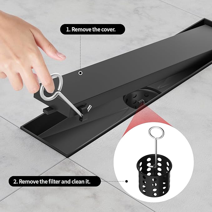 Linear Shower Drain, 304 Stainless Steel with Adjustable Leveling Feet, Hair Strainer,Reversely Install Place to Create an Invisible Floor Drain - Black -16-Inch