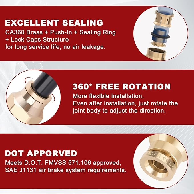1/4” Quick Push to Connect Fittings Brass Male Straight and Elbow Combination DOT Approved 1/4" Tube OD x 1/4" NPT Thread Air Brake Line Adapter Air Suspension Kit Air Hose Repair Kit 30pcs