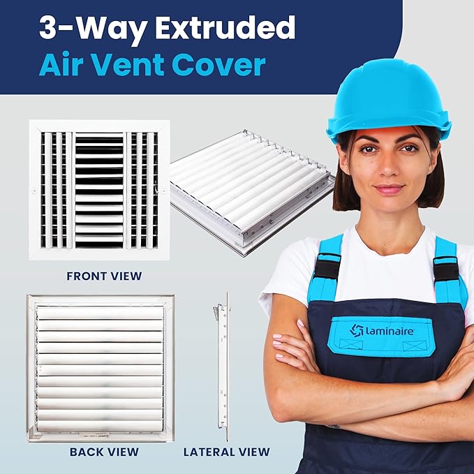 12x12 Inch (Duct Opening) Aluminum 3-Way Air Flow Vent – HVAC Vent Cover for Wall or Ceiling – Quiet HVAC Wall Register - Multi-Shutter Damper – Adjustable Curved Blade - Plastic Seal for Tight Fit