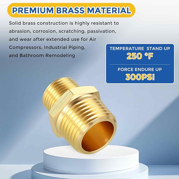 1 Pack Brass Pipe Fittings, 1/2" NPT Male to 3/8" NPT Male Brass Hex Nipple, Male Pipe Adapter Reducer for Air, Oil, LP