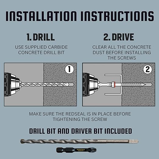 Velocity 2 1/4 Concrete Screws Set with RedSeal Moisture Barrier (Hex Head, 1/4”) – 12 Pcs High-Performance Masonry Screws, Stick Tight Technology, 1 PSD ACR Drive Bit and 1 Carbide Concrete Drill Bit