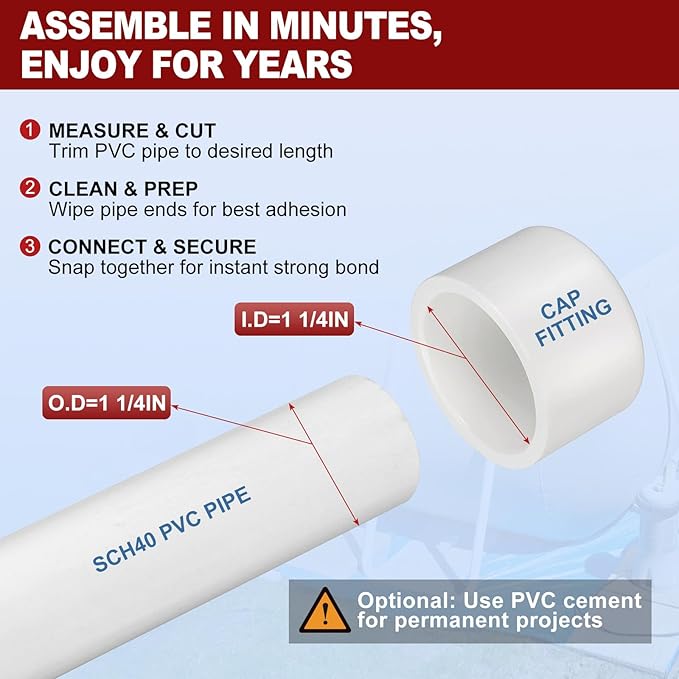 6Pcs 1 1/4" PVC External End Cap Fitting, SCH40 Furniture Grade PVC Pipe Plug Adapter, Pipe Cover Fittings for DIY Project, Irrigation System, Plumbing Framework, Garden Structures