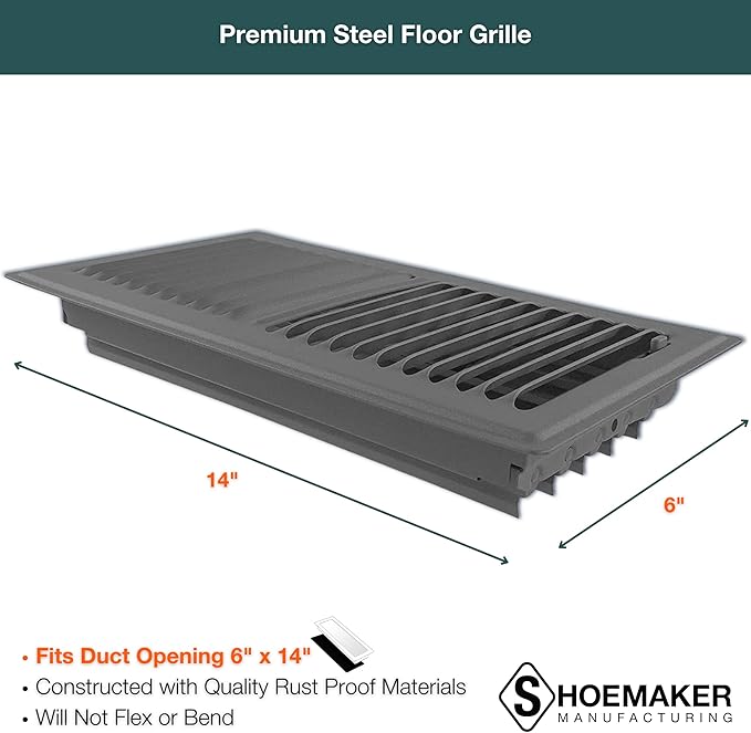 Shoemaker 6x14 Floor Register – Storm Gray Heavy Duty Metal Floor Vent Cover for Home Floors - Premium Forced Air Vent Covers