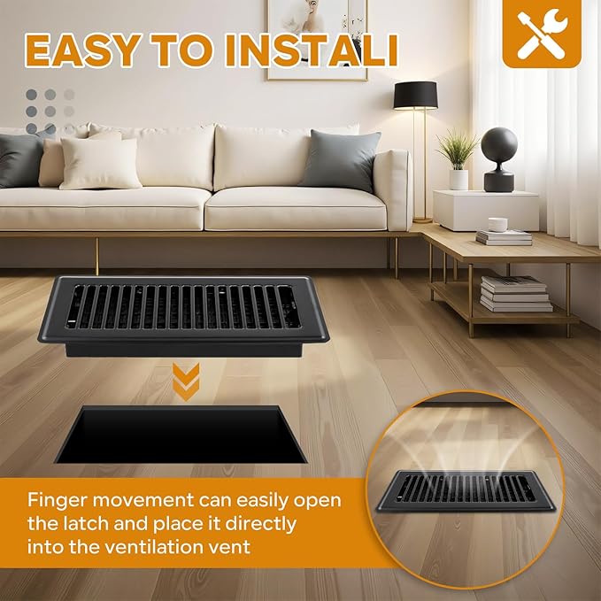 4x10 Floor Register, 2 Pack Heavy Duty Steel Walkable Floor Vent Covers, Easy Adjust Air Supply Lever, Vent Covers for Home Floor, Black