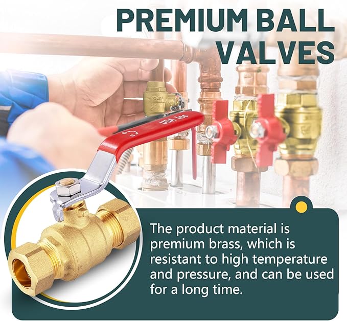 1/2" Ball Valve, 4 Pack Compression Shut Off Valves Red, Quarter Turn Brass Full Port Shut Off Ball Valve for Hot and Cold Water, NSF/ANSI 61 Certified
