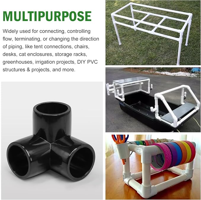 3 Way PVC Pipe Fittings 1/2 Inch, Zernmiarder Black PVC Elbow Corner Side Outlet Tee Fitting, SCH40 Furniture Grade Pipe Connectors - Fits 1/2" Polyvinyl Chloride Pipes, 4 Pieces