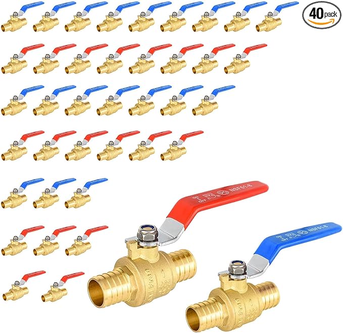 40 Pack Ball Valves, 1" Pex Crimp Shut Off Valve, Brass Full Port Pex B Shut Off Ball Valve for Hot and Cold Water, NSF/ANSI 61 Certified