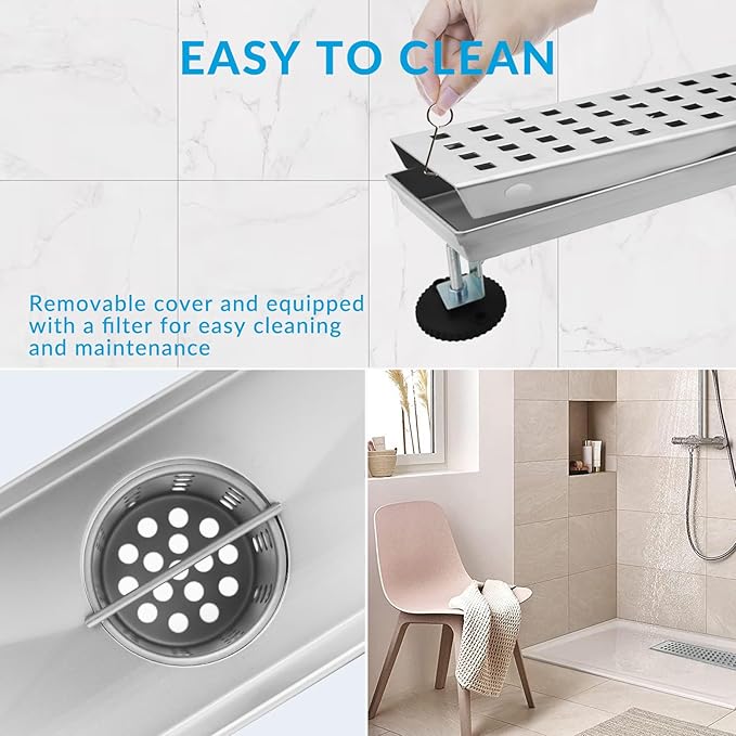 24 Inch Removable Cover Linear Shower Drain 304 Stainless Steel Rectangular Floor Drain for Kitchen Bathroom Square Hole Pattern Drain with Accessories Hair Strainer Adjustable Leveling Feet (Silver)