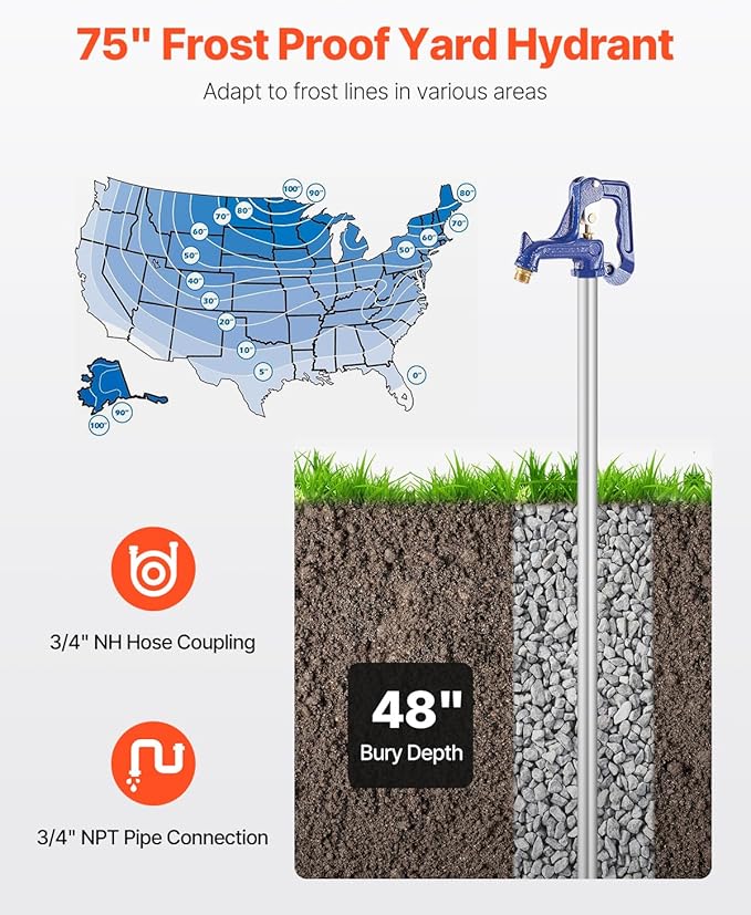 VEVOR Frost Proof Yard Hydrant, 6.25 FT Freeze-Proof Outdoor Faucet with 48" Bury Dept, 3/4" NPT Pipe Connection & 3/4" NH Hose Coupling, Heavy-Duty Cast Iron Hydrant for Yard, Garden, Farm Irrigation