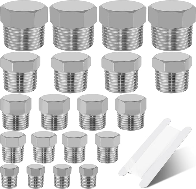 20 PCS 304 Stainless Steel Hex Pipe Plug Fittings Kits,Hex Head Plugs Fitting Assortment Kit 1/8" 1/4" 3/8" 1/2" 3/4" NTP Plugs Male Threaded