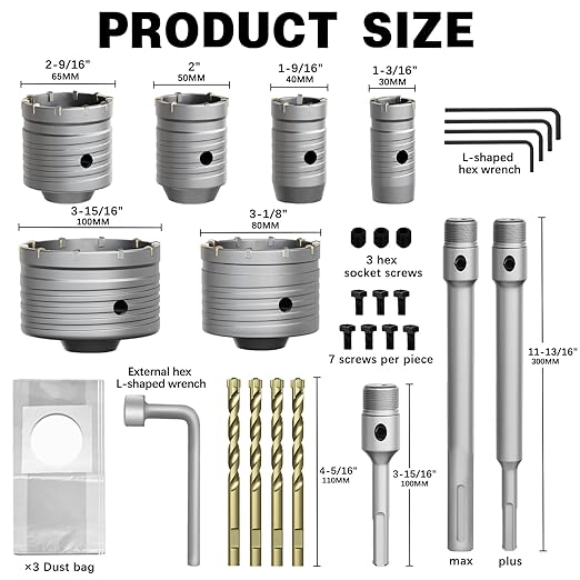 31Pcs Concrete Hole Saw Set, 30/40/50/65/80 100mm Masonry Hole Saw with SDS Plus & Max Shank Drill Bit Sets, Masonry Hole Saw Tool Set for Concrete,Brick,Cement,Stone,Wall Drilling.