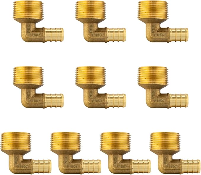 (Pack of 10) EFIELD Barb Crimp Pex 1/2"x3/4" Male Threaded NPT Elbow Brass Fittings, ASTM F1807,(PEX1807103)