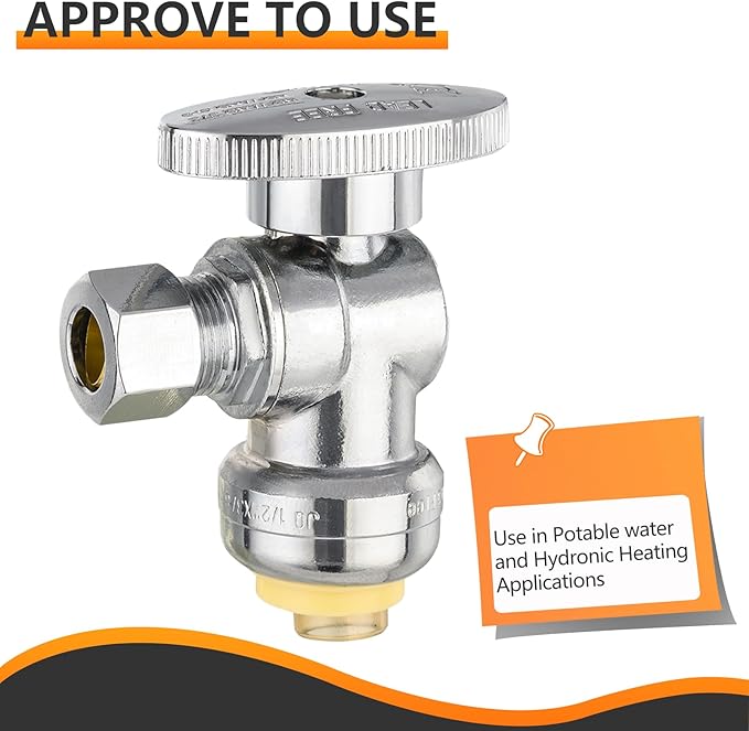 HeSun 100-PCs Push-Fit Angle Stop Valve, 1/2" Push x 1/4" OD Compression Angle Stop, 1/4 Turn Water Shut Off Valve for Bathroom with Disconnect Clip Tool