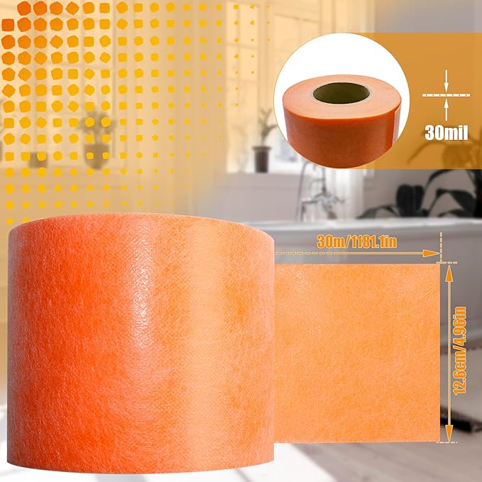 Waterproofing Membrane Band Roll, 30Mils Thick, 5Inch X 98.5Ft Tile Floor Underlayment Waterproofing Polyethylene Fabric Waterproof Membrane for Tiles, Shower Walls, Bathroom Floors