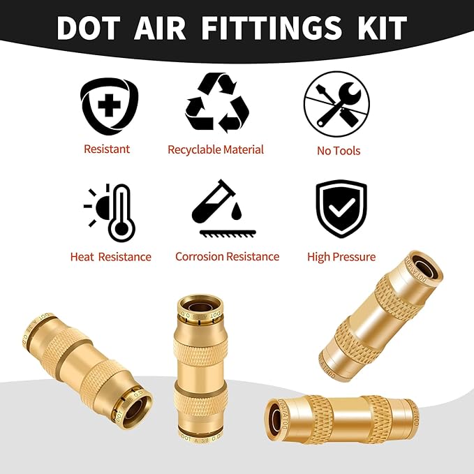 1/4" Brass Push to Connect Fittings Straight Union Dot Approved Air Brake Quick Connect Fittings Air Line Fittings Air Suspension Kit for Truck Trailers and Air Brake System 5Pcs