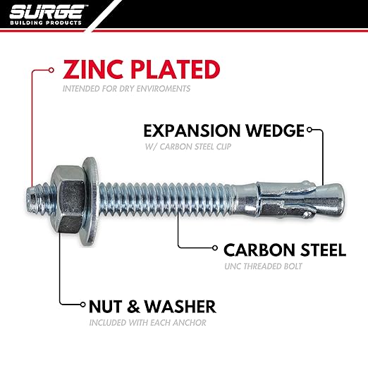 5/8 x 7 Zinc-Plated Wedge Anchors for Concrete and Cement | Heavy-Duty 5/8 Concrete Anchors (Box of 25)