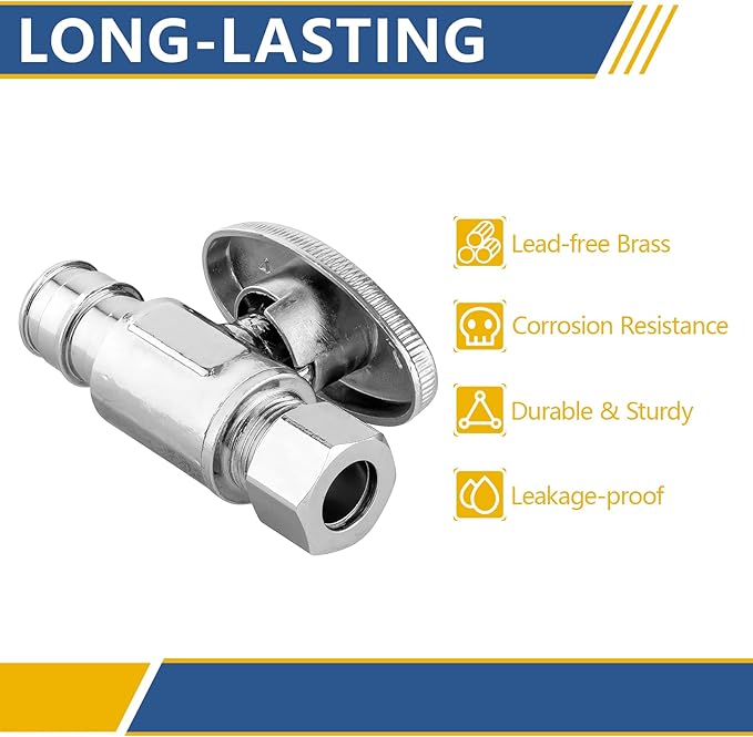 Straight Stop Valve,1/2 Inch Pex Expansion X 3/8 Inch OD Compression Straight Shut-off Valve with 1/4 Turn on/off (Pack of 2,ASTM F1960)(VALVE098)
