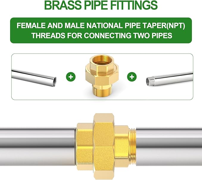 TAISHER 2PCS Brass Union，3/4" NPT Male x 3/4" NPT Female Brass Pipe Fitting