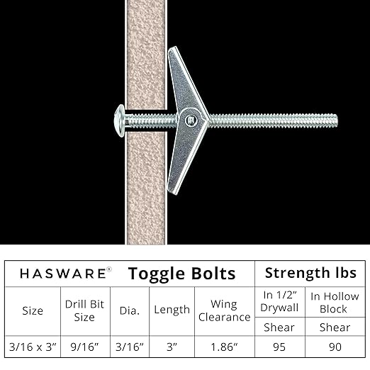 HASWARE Toggle Bolt Zinc Plated Steel and Wing Nut for Hanging Heavy Items on Drywall 3/16x3 (12 Pack)