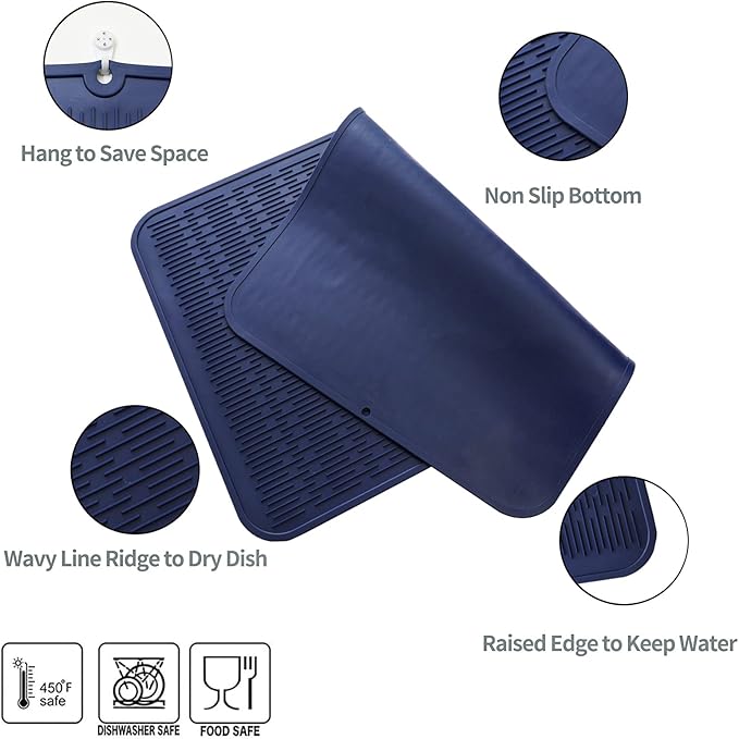 Silicone Dish Drying Mat for Multiple Usage,Easy clean,Eco-friendly,Heat-resistant Silicone Mat for Kitchen Counter or Sink,Refrigerator or Drawer Liner Navy Blue 3XL 28 inches x 18 inches