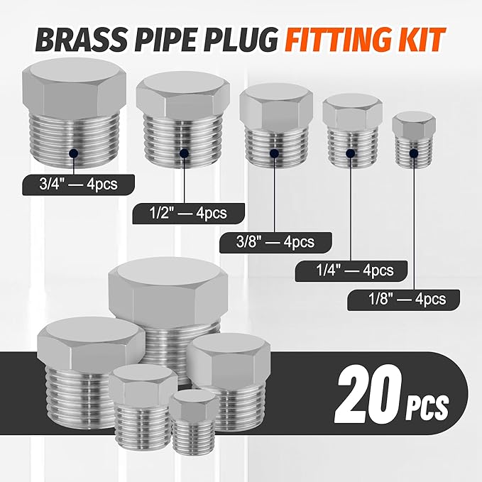 20 PCS 304 Stainless Steel Hex Pipe Plug Fittings Kits,Hex Head Plugs Fitting Assortment Kit 1/8" 1/4" 3/8" 1/2" 3/4" NTP Plugs Male Threaded