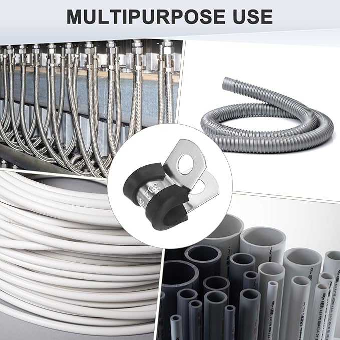25-Pack Cable Clamps, 15/64 Inch/ 6 mm 304 Stainless Steel Rubber Cushioned Insulated Cable Clamp R Shape Metal Holder for Tube/Wire/Pipe/Loop Installation