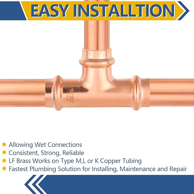 5-Pack GUOFIS Copper Press Tee,3/4" x 3/4"x 3/4" Tee Fittings for Copper Tube Connection with Stop(PRESS016-5PCS)