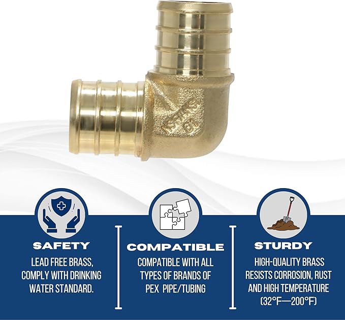 XFITTING Pex 3/4 Inch x 3/4 Inch Pex Elbow Brass Crimp Fitting, 23-2-2=5X, 5 Pieces