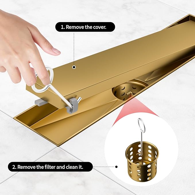 Linear Shower Drain, 304 Stainless Steel with Adjustable Leveling Feet, Hair Strainer,Reversely Install Place to Create an Invisible Floor Drain - Gold -18-Inch