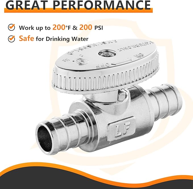 10-PCs HeSun Pex Barb Crimp Straight Stop Valve, 1/2" PEX x 1/2" PEX Straight Stop, 1/4 Turn Shut Off Valve for Bathroom, ASTM F1807(VALVE105-10)