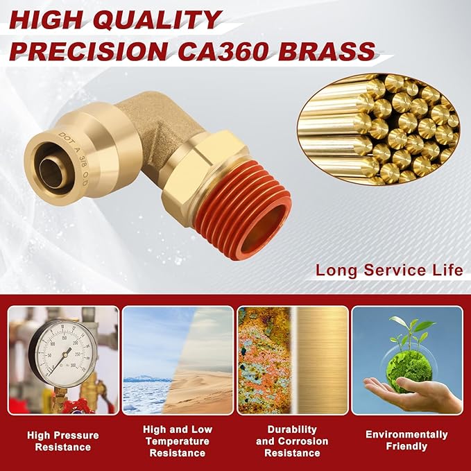 3/8" Quick Push to Connect Fittings Brass 90 Degree Union Swivel Elbow Joint DOT Approved 3/8" Tube OD x 3/8" NPT Thread Air Brake Line Adapter Air Suspension Kit for Car Truck Trailers 2pcs