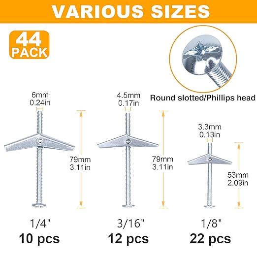 KURUI Hollow Wall Anchors Assorted Kit, 44Pc Heavy Duty Toggle Bolts and Wing Nut Kit, Drywall Anchors Assortment Set, Butterfly Anchors for Hanging Picture Curtain Rod Plant (1/8in, 3/16in, 1/4in)