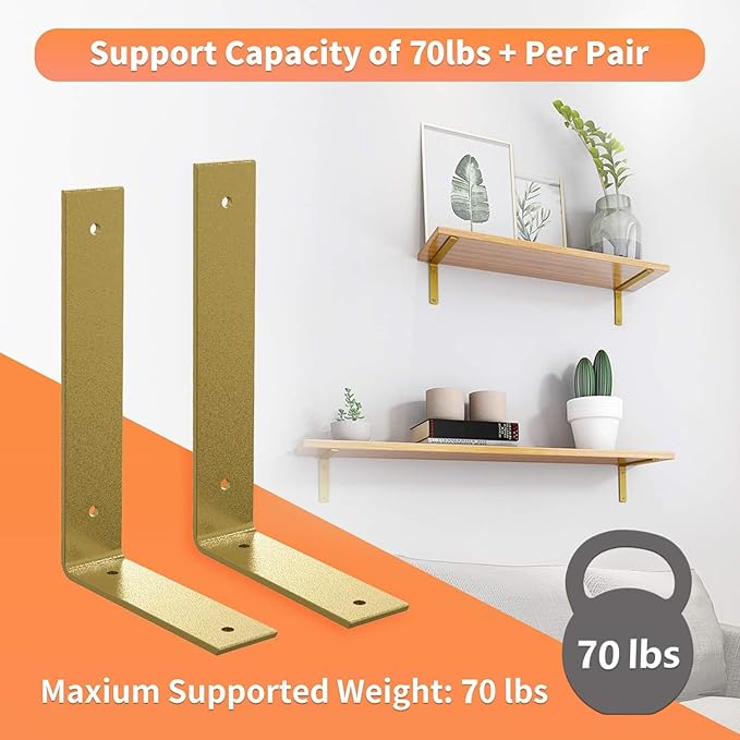 Gold Heavy Duty Shelf Brackets 12 Inch, Extra Thick L Shelving Brackets, Rustic Gold Iron Floating Shelves Wall Mounted with Hardware for DIY Open Shelving, 4 Pack