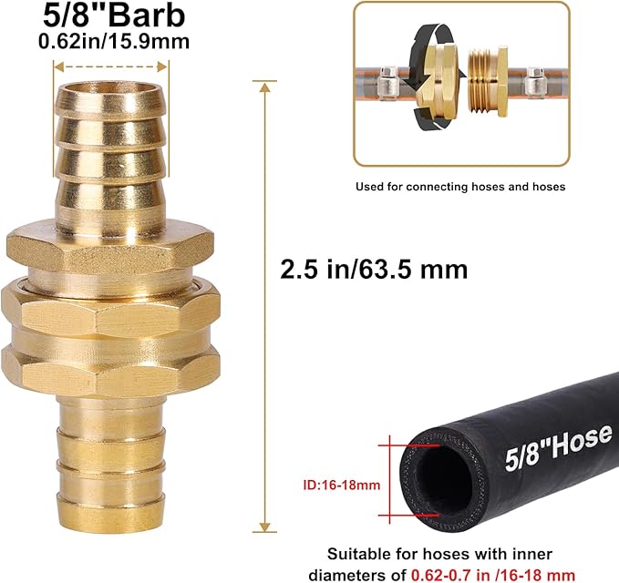 Garden Hose Repair Connector with Clamps Hose End Repair Kit,5/8" Barb Garden Hose Fittings Male and Female brass garden hose ends (5/8"Barb-4 Set)