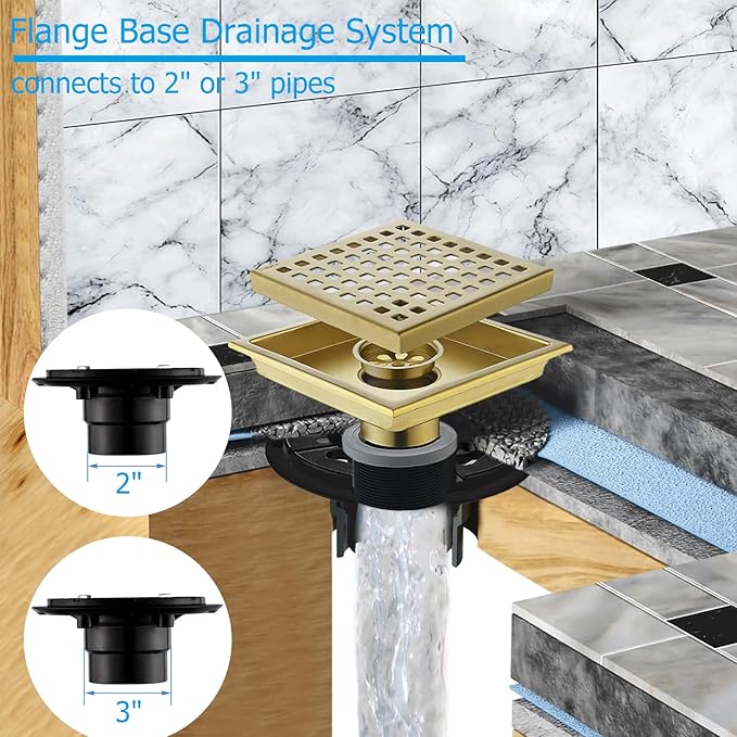 6 Inch Square Shower Floor Drain with Flange,Quadrato Pattern Grate Removable,Food-Grade SUS 304 Stainless Steel,Brushed Gold
