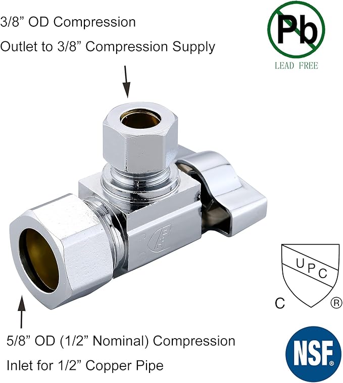 (5-Pack) Cyrret Angle Stop Shut off Valve 1/4 Quarter Turn 5/8" OD (1/2" Nominal) Compression Inlet X 3/8" OD Compression Outlet Chrome Plated Brass