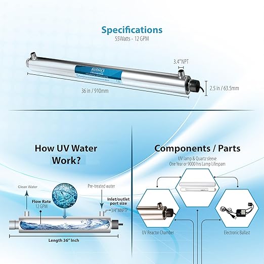 Bluonics 110W UV Ultraviolet Light Plus Sediment and Carbon Well Water Filter Purifier System with NPT 1" Ports, 24 GPM UV with 3 Filter Size 4.5” x 20" Filters