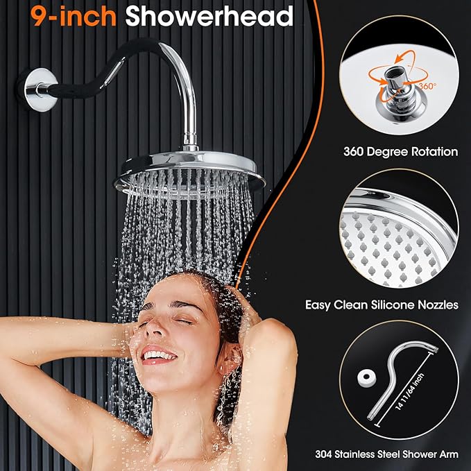 Shower System with Rain Shower Head, Handheld Spray, Rough-in Valve and Trim Kit 9 Inch Bathroom Luxury Rain Mixer Shower Complete Combo Set Wall Mounted High Pressure Shower Faucet Set Chrome
