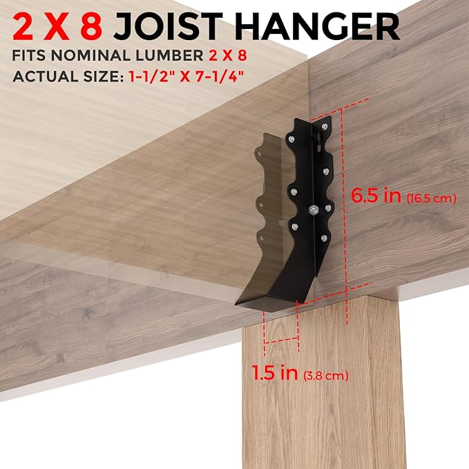 25Pcs Black 2x8 Joist Hangers for Wood,18 Gauge Metal Face Mount Joist Hanger,Lu28 Joist Hangers Powder Coating,Hurricane Ties for Rafter,Rafter Brackets 2x8 for Deck,Floor,Roof Overhang,Ceiling Joist
