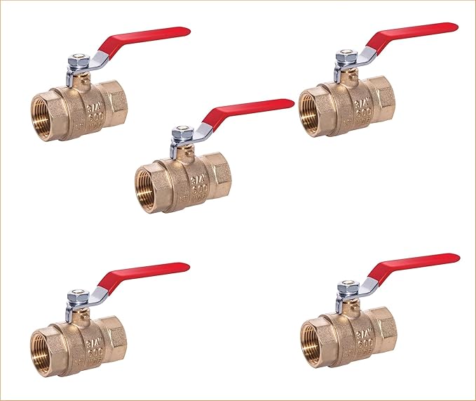 EZ-Fluid Heavy Duty 1-1/2" NPT Female Threaded IPS Brass Ball Valve Full Port Water Stop Shut Off, LF,Quarter Turn,Red Handle (5-Pack)