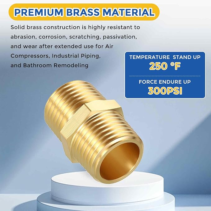 6 Pack Brass Pipe Fittings, 1/2" Male NPT to 1/2" Male NPT Brass Hex Nipple, Male Pipe Adapter Reducer for Air, Oil, LP