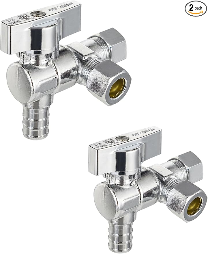 (Pack of 2) EFIELD Dual Outlet Angle Stop Valve, Quarter Turn, 1/2" Pex Barb Crimp Connection Inlet x (3/8 inch x 3/8 inch) Compression Outlet, Chrome Plated Brass,(VALVE200)