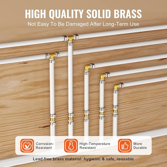 VEVOR Pipe Fittings, 3/4" 45PCS (15xStraight, 15xElbows, 15xTees) Brass Pipe Fittings, Push-Fit Pipe Connector Brass Air Fittings, Plumbing Fittings Adapter for Heating/Shower Systems, Water Pipes