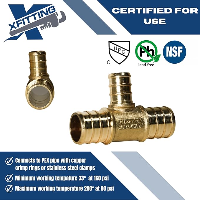 XFITTING 3/8 inch x 3/8 inch x 1/2 inch Pex Tee, Pex B Reducing Tee Crimp Version 25-5-2=5X, 5 Pieces
