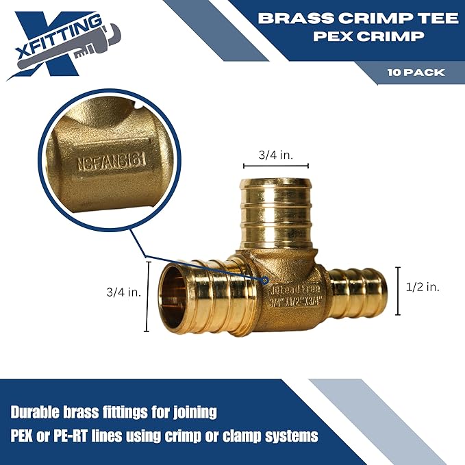 XFITTING 3/4 inch x 1/2 inch x 3/4 inch Pex Tee, Pex B Reducing Tee Crimp Version 25-1-3=100X, 100 Pieces