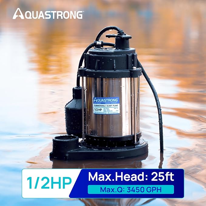AQUASTRONG 1/2 HP Sump Pump, 3450 GPH Stainless Steel and Thermoplastic Submersible Water Pump, Automatic Float Switch with Piggy-back Plug,1-1/2" NPT Discharge Subpumps for Basement and Flooding Area