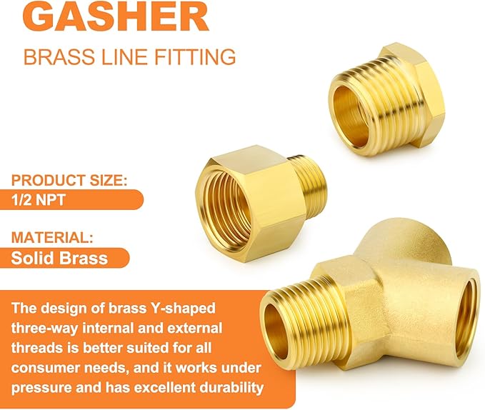GASHER 2PCS Brass Pipe Fitting Male Branch Tee Y Adapter 1/2" NPT Female x 1/2" NPT Female x 1/2" NPT Male